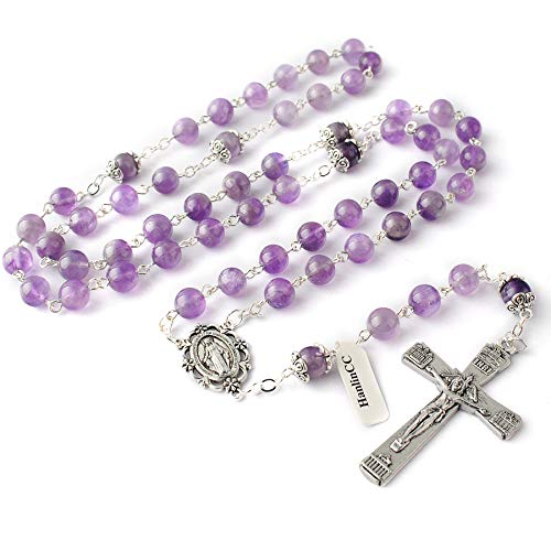 HanlinCC Catholic Rosary Natural Amethyst Stone Beads Necklace for Women