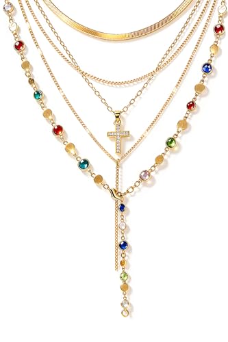 FAXHION 5PCS 14k Gold Plated Cross Necklaces for Women, Pendant Stacked Layered Diamond Y Long Boho Jewelry Sets Adjustable Accessories Trendy Gifts for Women - color: gold-01