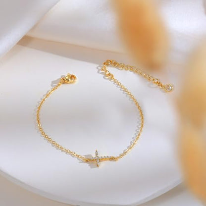 Moodear Cross Bracelet for Women, Dainty Sterling Silver/Gold Plated Gift - color: CZ Gold Cross Bracelet