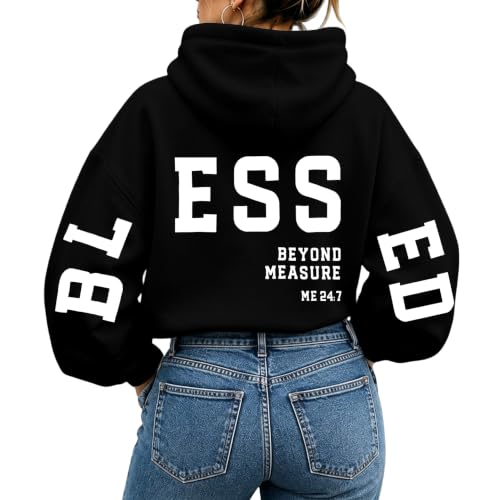 Christian Hoodies Women Blessed Sweatshirts Jesus Religious Sayings Sweater - color: Black, size: Small
