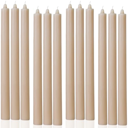 Sahara Beige Taper Candles Ribbed Dripless Tapered Candles Ideal as Dinner Candle Smokeless and Unscented Candle Sticks Long Burning,10.5 inch,Set of 12 - color: Ribbed10.5''-Sahara Beige