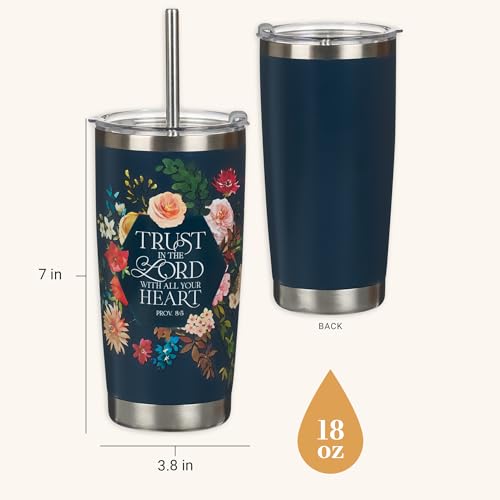 Christian Art Gifts Reusable Stainless Travel Mug Tumbler w/Straw for Women: Trust in the Lord Bible Verse, Double Wall Vacuum Insulated, Pop-up Lid, Hot/Cold, Cute Navy Blue Multicolor Floral, 18 oz. - color: Navy Blue/Trust