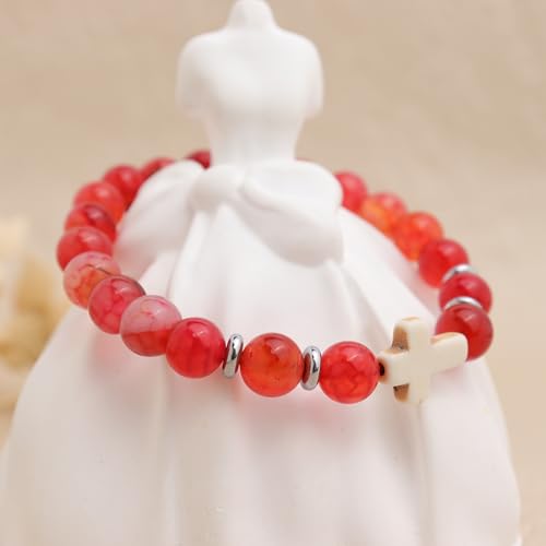 Cross Birthstone Gemstone Beaded Stretch Protection Bracelet for Man Woman, Handmade Healing Stone Chakra Beads Elastic Bracelets Accessories Fashion Jewelry Gift. - color: Red Agate