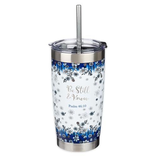 Christian Art Gifts Double Wall Vacuum Insulated Stainless Steel Travel Mug and Straw 18 oz Blue Floral Camp Style Coffee Mug with Lid for Women Laser-engraved- Be Still & Know -Psalm 46:10 - color: White & Blue/Be Still