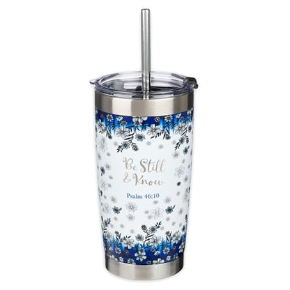 Christian Art Gifts Double Wall Vacuum Insulated Stainless Steel Travel Mug and Straw 18 oz Blue Floral Camp Style Coffee Mug with Lid for Women Laser-engraved- Be Still & Know -Psalm 46:10 - color: White & Blue/Be Still