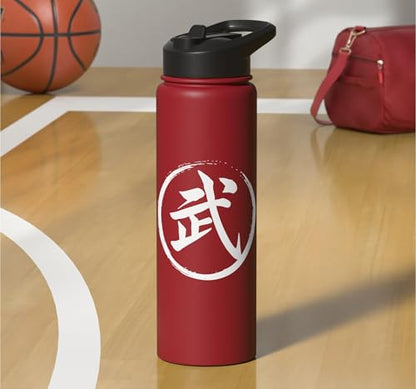 “Warrior” Japanese Kanji Word Graphic Stainless Steel Insulated Water Bottle - color: Red