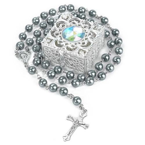 Silver Gray Pearl-Style Rosary Necklace with Metal Gift Box, 8mm, 22 Inch - color: Gray