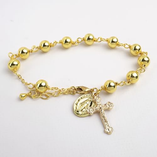 Needzo Gold Tone First Communion Rosary Bracelet, Beaded Chain with Cross and Miraculous Medal Charms, Catholic Religious Gift Keepsake for Eucharist or RCIA