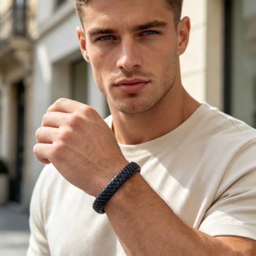 Kim Carrey Italian Handmade Leather Bracelets for Men - color: Black Braid, size: 8.2"