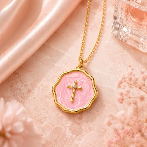 Enamel Cross Necklace for Women 18K Gold Plated Christian Pendant - color: Pink