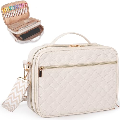 Large Bible Cover for Women,2 Compartments Bible Bag for Church - color: 2 Lays,Beige with Diamond jacquard strap