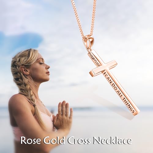 POPLYKE Cross Necklace 925 Sterling Silver Philippians 4:13 I Can Do All The Things Inspirational Necklace Gifts for Women Men 20+2'' - color: Rose Gold