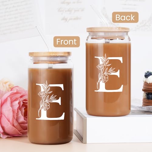 SANDJEST Monogrammed Gifts for Women - Monogram E Initial Glass Cup 16 Oz Can Coffee Cups with Lid and Straw - Monogram Initials Gifts for Womens on Birthday - color: Initial E