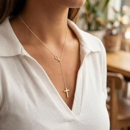 Cross Necklace for Women, Dainty 14K Gold Plated Cross Pendant Simple Long Necklaces for Women, Christian Faith Necklace Trendy Gold Jewelry Gifts for Easter - color: gold infinity cross necklace