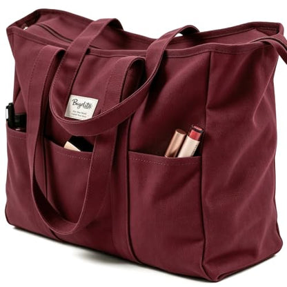 Bagelite Extra Large Canvas Tote Bag for Women Men, Utility Work Bags with Zipper - color: Red Wine