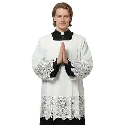 Catholic Premium Clergy Vestment Set Elegant White Surplice with Pleated Lace Details - size: Large