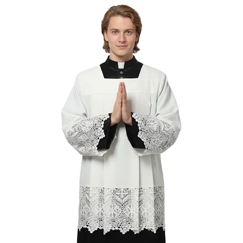 Catholic Premium Clergy Vestment Set Elegant White Surplice with Pleated Lace Details - size: X-Large Plus