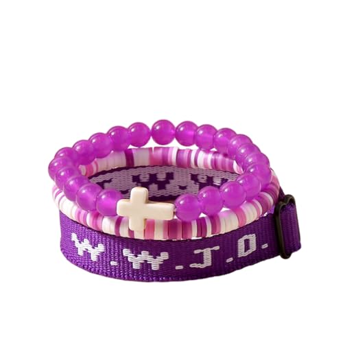 WWJD What Would Jesus Do Christian Stackable Bracelet Set for Women Men, Inspirational Faith Cross Beaded Elastic Wristbands, Religious Bible Verse Jewelry Gift for Church - color: Purple 3pcs