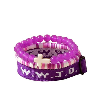 WWJD What Would Jesus Do Christian Stackable Bracelet Set for Women Men, Inspirational Faith Cross Beaded Elastic Wristbands, Religious Bible Verse Jewelry Gift for Church - color: Purple 3pcs