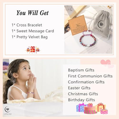 UPROMI Cross Bracelet for Girls Baptism Communion Confirmation Gifts, Kindergarten/Preschool/5th Grade/8th Grade Graduation Gifts - style: Dear Lord bless this little girl - Violet