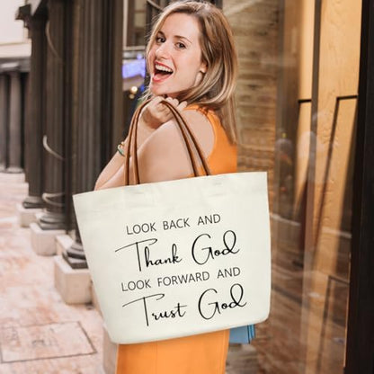 Canvas Tote Bag For Women, Thank God and Trust God Reusable Grocery Shoulder Bag Cute Tote Bags for Work Travel Gym, Christian Gifts for Halloween Christmas Beach Bags for Teacher Friends -34 - style: Thank God