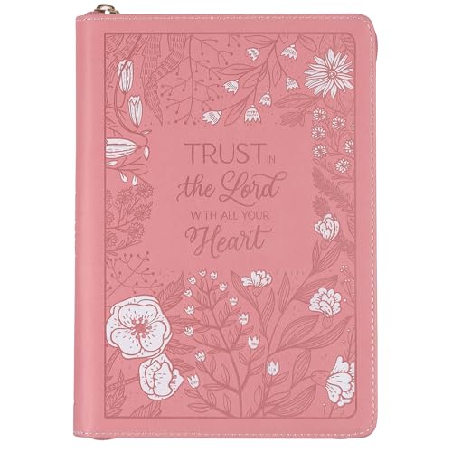 Christian Art Gifts Pink Vegan Leather Zipped Journal, Inspirational Notebook Trust in the Lord Scripture, Flexible Cover, 336 Ruled Pages, Bookmark, Proverbs 3:5 Bible Verse