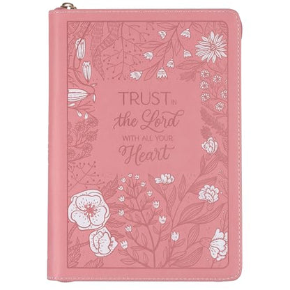 Christian Art Gifts Pink Vegan Leather Zipped Journal, Inspirational Notebook Trust in the Lord Scripture, Flexible Cover, 336 Ruled Pages, Bookmark, Proverbs 3:5 Bible Verse