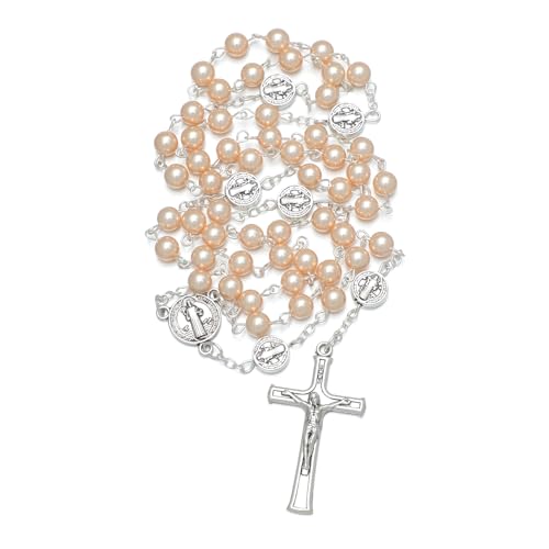 KOMI 6mm Glass Pearl Rosary Beads Catholic for Women with Metal Rosary Box Religious Gifts - style: St Benedict-pink