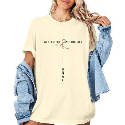 Christian Shirts for Women Oversized Bible Verse T-Shirt Jesus Religious Faithful Shirt Christ Crewneck Tee Top - color: Apricot, size: Medium