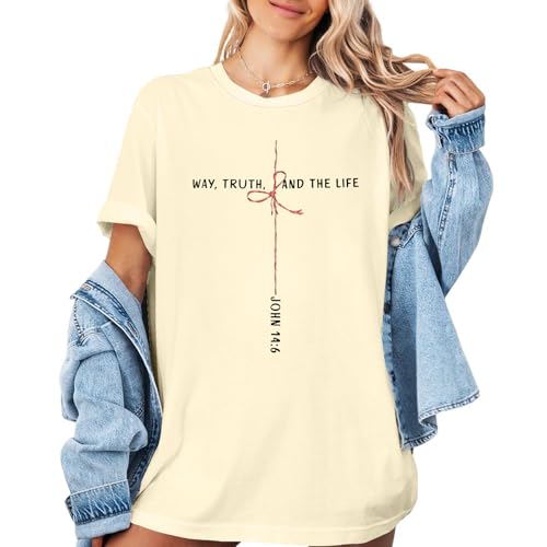 Christian Shirts for Women Oversized Bible Verse T-Shirt Jesus Religious Faithful Shirt Christ Crewneck Tee Top - color: Apricot, size: X-Large