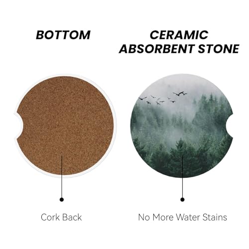 Forest Tree Car Coasters for Cup Holder Absorbent Ceramic Cup Coaster 2 Pack Anti Slip Car Interior Accessories with Finger Notch Cork Base for Women Men 2.56" - color: Forest Tree