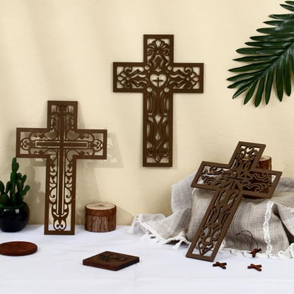 Bnesi 3 Pcs Wooden Cross Wall Decor, Carved Religious Crosses for Wall