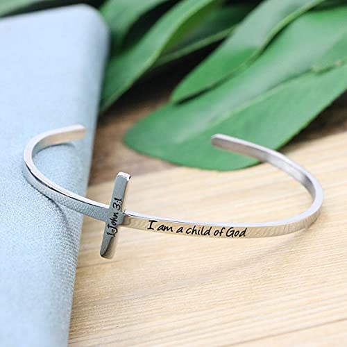 Memgift 𝐂𝐫𝐨𝐬𝐬 𝐁𝐫𝐚𝐜𝐞𝐥𝐞𝐭 Religious Cuff Bangle 𝐁𝐢𝐛𝐥𝐞 𝐕𝐞𝐫𝐬𝐞 Christian Gifts Jewelry for 𝐖𝐨𝐦𝐞𝐧 - style: Silver cuff-I am a child of god -1 John 3:1