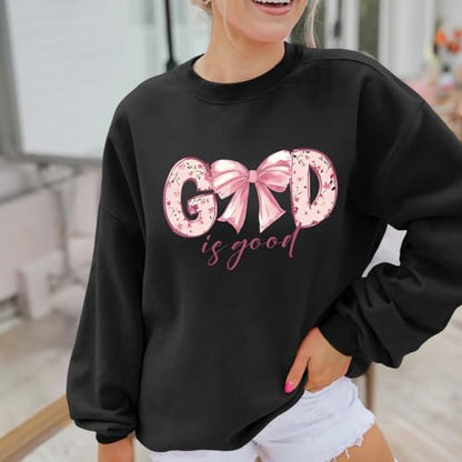 KEEVICI God Is Good Christian Sweatshirts for Women Bow Jesus Cute Bible Verse Sweatshirt Faith Religious Graphic Hoodies - color: Black, size: XX-Large