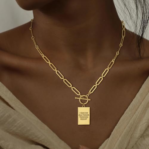 CHESKY Cross Necklace for Women Trendy, Dainty 14K Gold Plated Paperclip Charm Necklace for Womens Chunky Cross Pendant Necklace Gold Jewelry Religious Christian Gifts for Christians - color: I CAN DO ALL THINGS THROUGH CHRIST