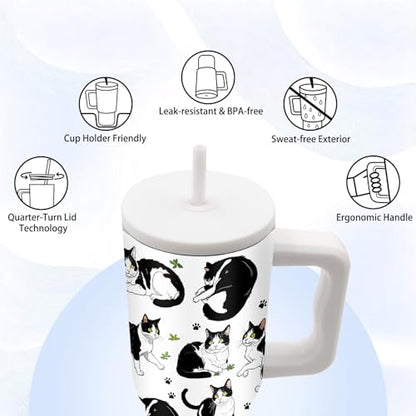 24oz Cat Tumbler with Handle & Straw, Gifts For Tuxedo Cat Lovers - color: Cat6