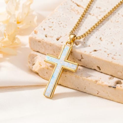 14K Gold Plated Cross Pendant Necklace Christian Jewelry Religious Gift - color: A03-Cross Gold Opal