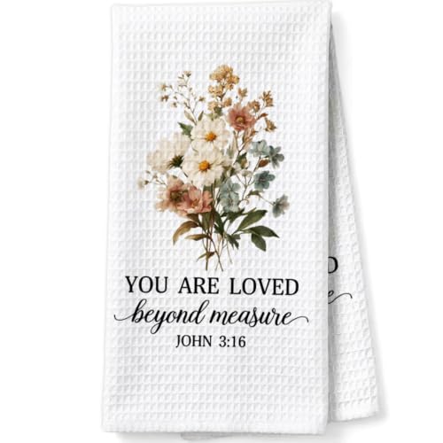Christian Scripture Gifts Decorative Towels for Women Hostess Faith Prayer, Bible Verse Gifts Waffle Weave Kitchen Towels, You are Loved Beyond Measure John 3:16 - color: Pink
