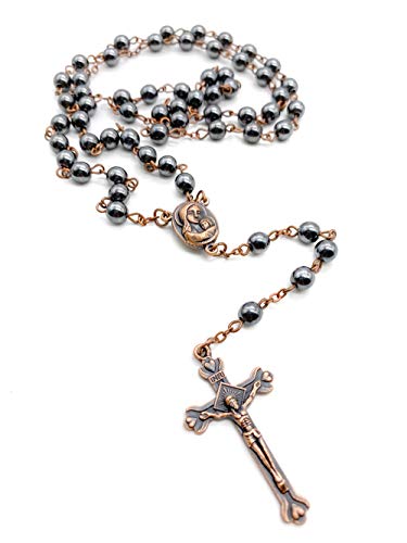 Nazareth Store Hematite Rosary Beads Black Stone Catholic Rosary Necklace with Jerusalem Holy Soil & Cross Antique Religious Rosaries Beads Collection - color: Bronze Color Chain