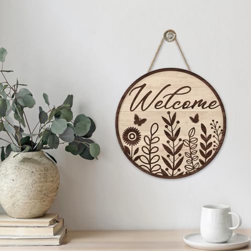 Welcome Brown Leaves Front Door Sign, Farmhouse Floral Butterfly - color: Leaves-3