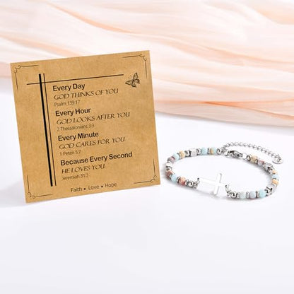 Christian Cross Bracelet for Women Girls, Adjustable Stainless Steel Beaded Cross Bracelets, First Communion Confirmation Easter Religious Bapstim Natural Gemstone Jesus Bracelet Gifts for Her - style: Every Day