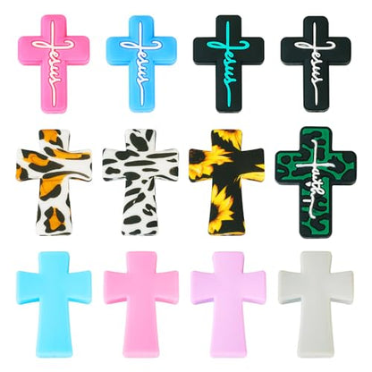 Beadthoven 12pcs Cross Silicone Focal Beads for Pens Leopard Printed Jesus Faith Cross Silicone Rubber Beads for Keychain Beadable Pens Jewelry Bracelets Making DIY Crafts - color: Crosses 12 Styles