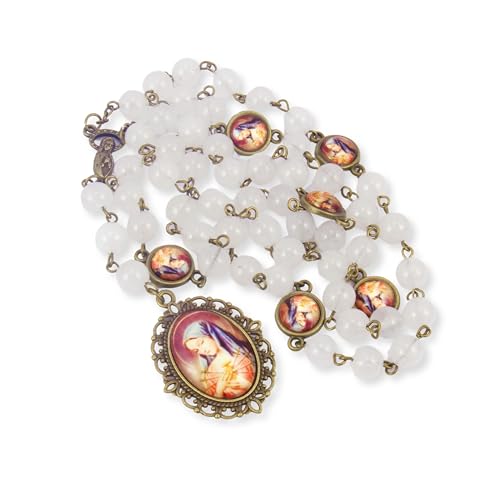 Nazareth Store Our Lady of Sorrows Stone Beads Rosary Solid Beaded Chaplet Necklace with Epoxy 7 Seven Sorrows Medallion - color: Clear Agate