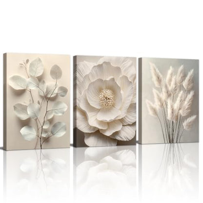 WENGTIAO 3Pcs Beige Floral Botanical Frame Canvas Wall Art 12"x16"x3 - color: Flower-White botanical, size: 12"x16"x3Pcs