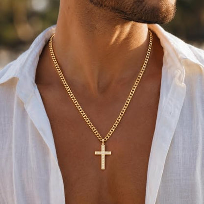 Cross Necklace for Men, Cuban Chain with Cubic Zirconia Pendant - color: GOLD