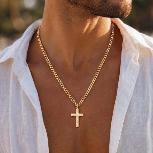 Cross Necklace for Men, Cuban Chain with Cubic Zirconia Pendant - color: GOLD