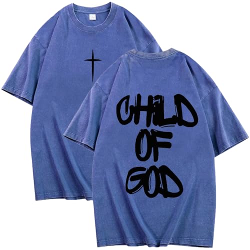Men's Oversized T-Shirt God Jesus Faith Religious Christian Shirt Unisex Casual Vintage Streetwear Baggy Acid Wash Tops - color: Blue, size: Large