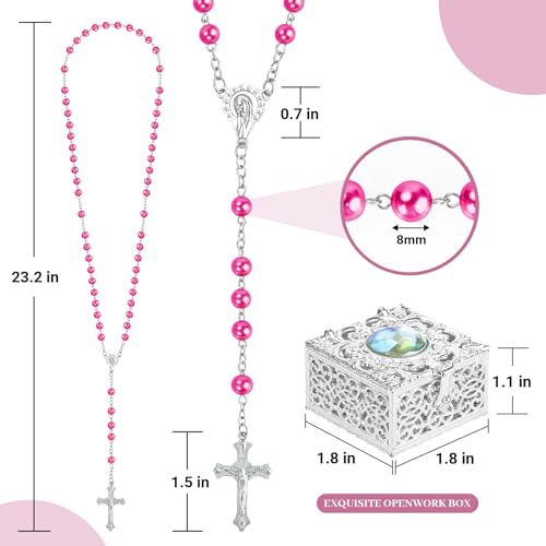 Rose Red Pearl-Style Rosary Necklace with Metal Gift Box, 8mm, 22 Inch - color: Rose