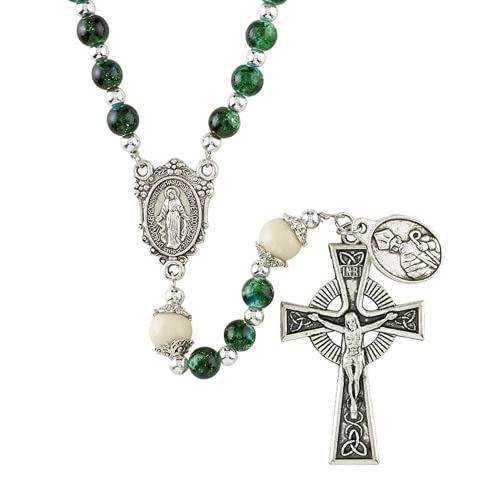 Needzo Celtic Rosary Beads for Women, Green Glass Prayer Bead Strand with Silver Tone Miraculous Medal Centerpiece and Crucifix, Catholic Keepsake Gift