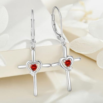 Cross Earrings 925 Sterling Silver Opal Crucifix Dangle Drop Earring Heart Birthstone Religious Jewelry for Women - color: 07-ruby-Jul